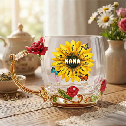 Personalized Enamel Flower Tea Cup with Sunflower Nana Design for Grandma - Unique Custom Gift for Her
