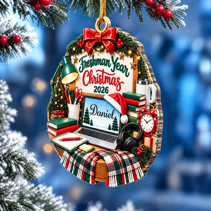 Personalized Freshman Year Christmas Ornament, Cozy College Study Desk Design, Custom Name & Year Keepsake Gift for Students