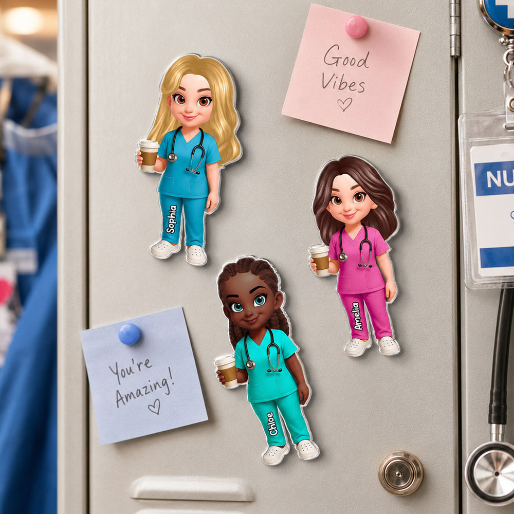 Personalized Acrylic Fridge Magnet With Cartoon Nurse Holding Coffee, Unique Gift For Nurse Coworker