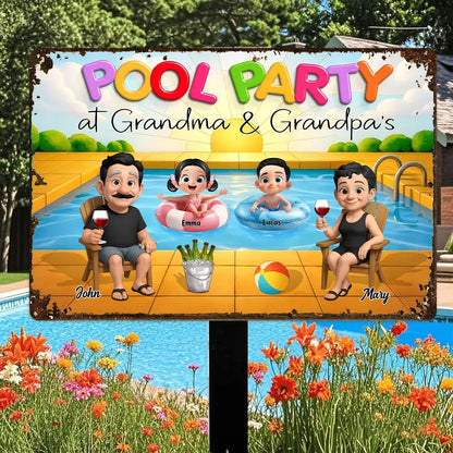Summer Pool Party Vibes – Personalized Iron Sign with Family Illustration, Gift for Grandma & Grandpa