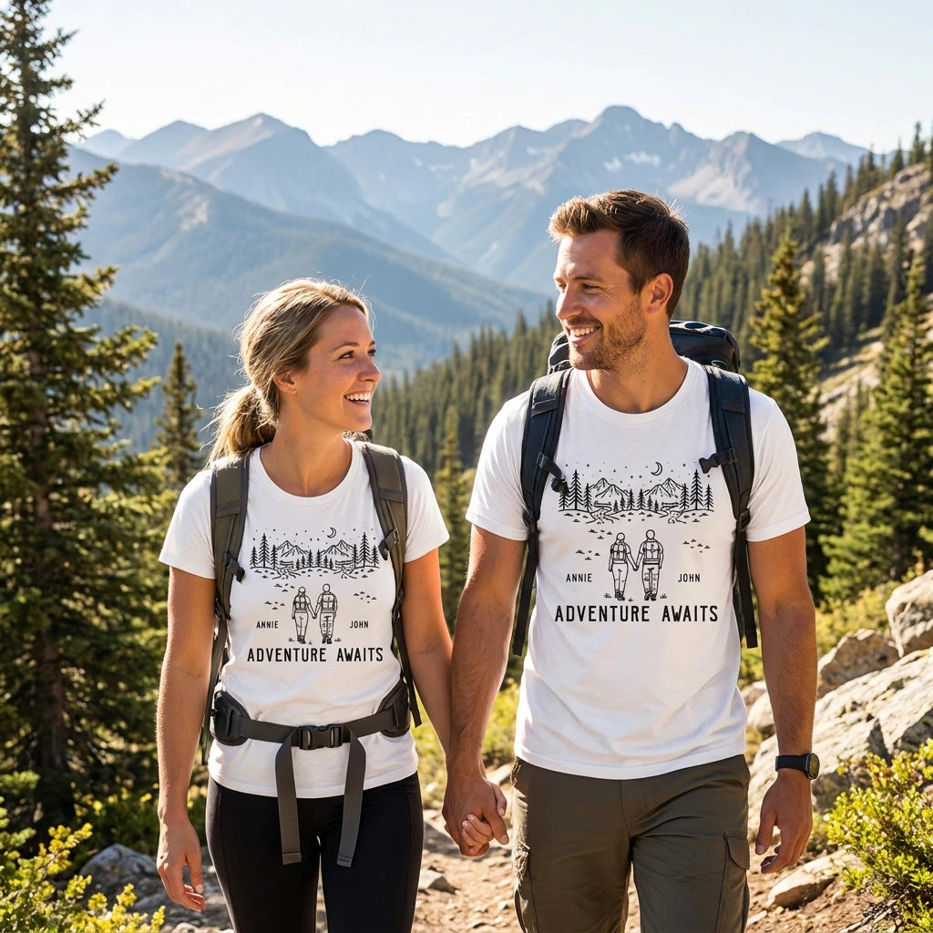 Personalized Adventure Awaits Cap or T-Shirt, Same Custom Couple Hiking Design, Outdoor Gift for Couples