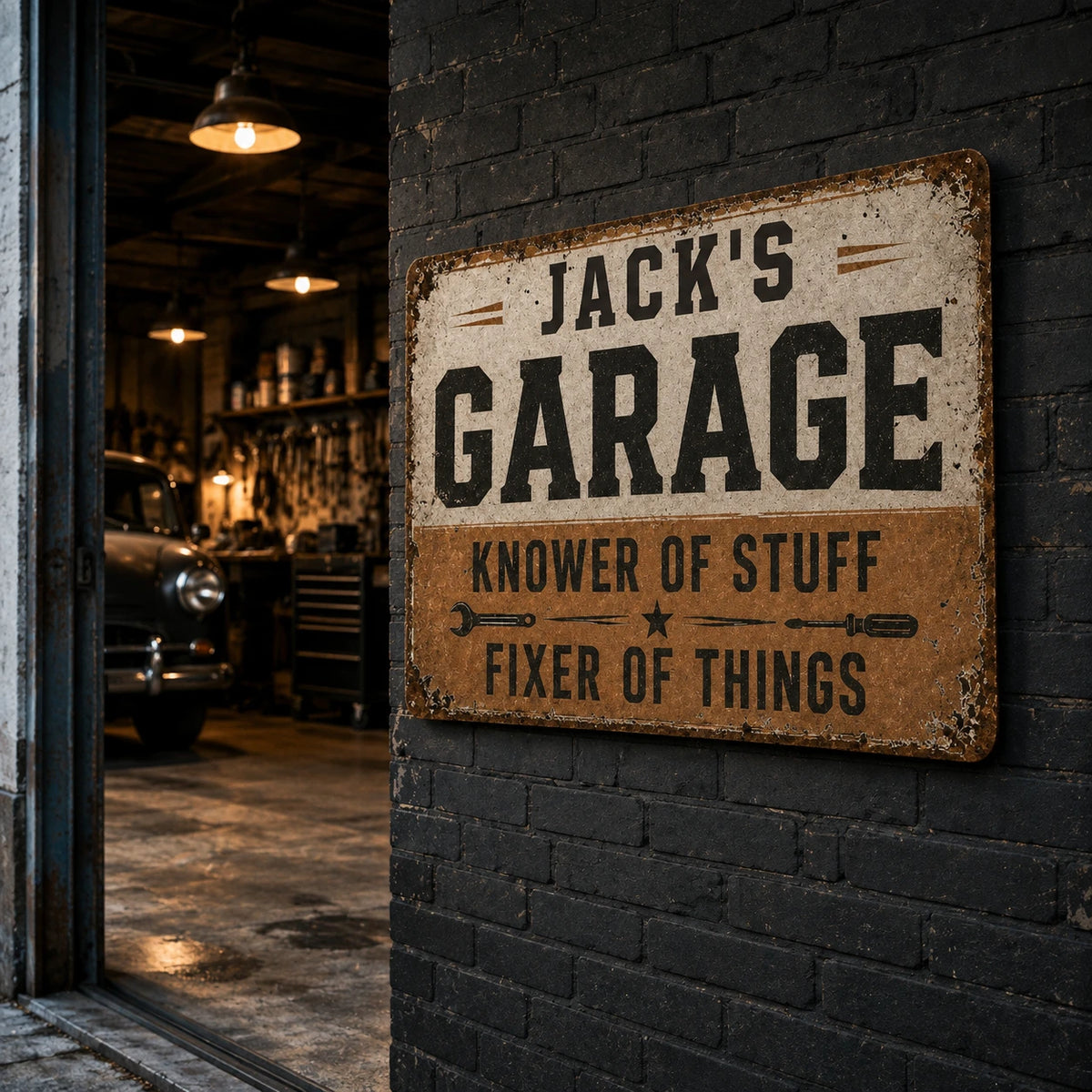 Personalized Vintage Industrial Garage Sign, Rustic Distressed Iron Workshop Decor, Custom Name Gift for Him