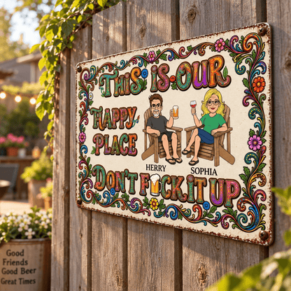 Personalized Couple Iron Sign, Vintage Floral Happy Place Sign, Funny Patio & Backyard Gift for Partners