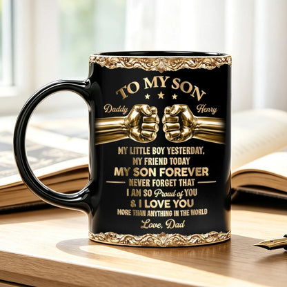 Personalized Full Color Mug, Black & Gold Fist Bump Design for Son, Unique Gift from Dad