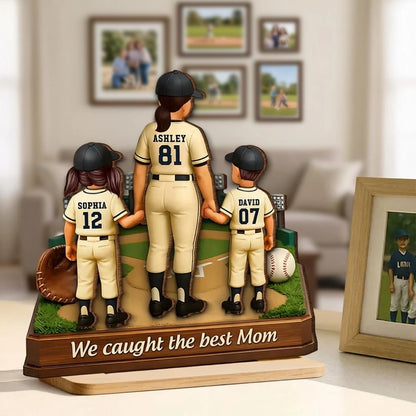 Personalized 2-Layer Wooden Plaque Baseball Mom with Kids Holding Hands, We Caught The Best Mom, Unique Gift for Mom