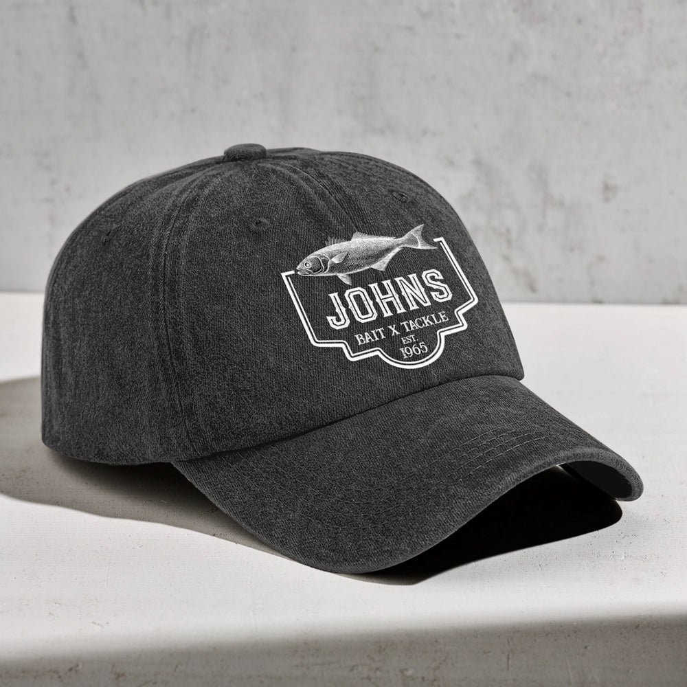 Personalized Washed Denim Baseball Cap with Vintage Fish Logo, Casual Outdoor Wear, Unique Gift for Fishing Lovers