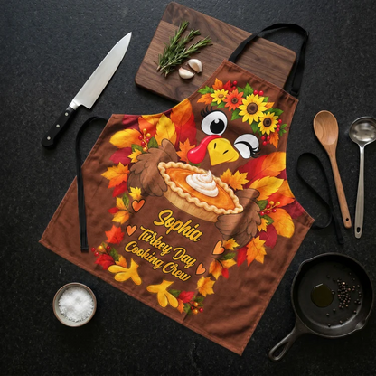 Personalized Thanksgiving Aprons, Smiling Family Cooking Crew in a Warm Fall Kitchen, Unique Gift