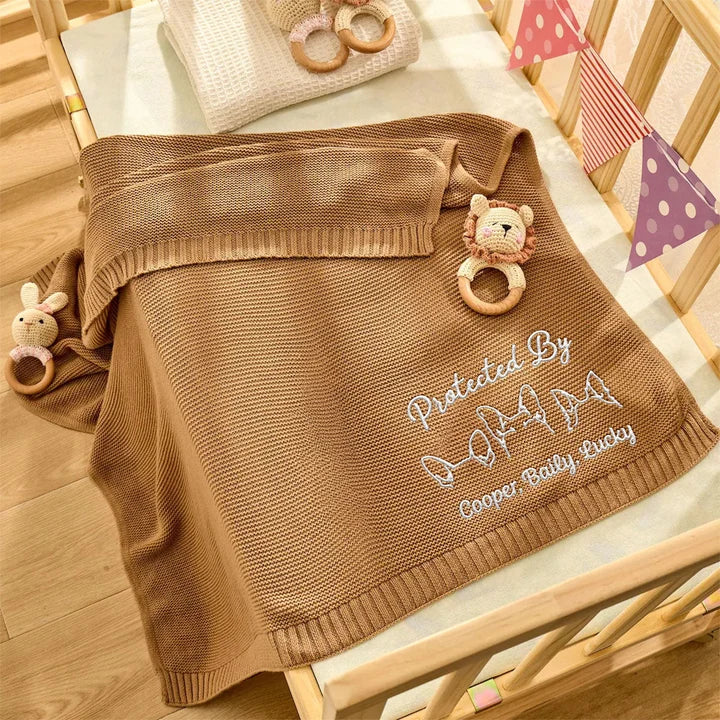 Embroidered Knitted Baby Blanket, Personalized Protected By Dog Keepsake, Creative Gift for New Parents
