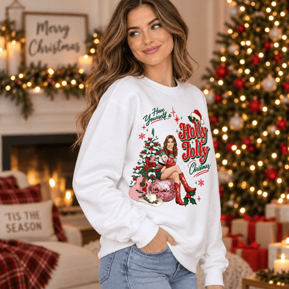 Custom Photo Cowgirl Christmas Sweatshirt, Holly Jolly Disco Ball & Christmas Tree Design, Western Holiday Gift for Her
