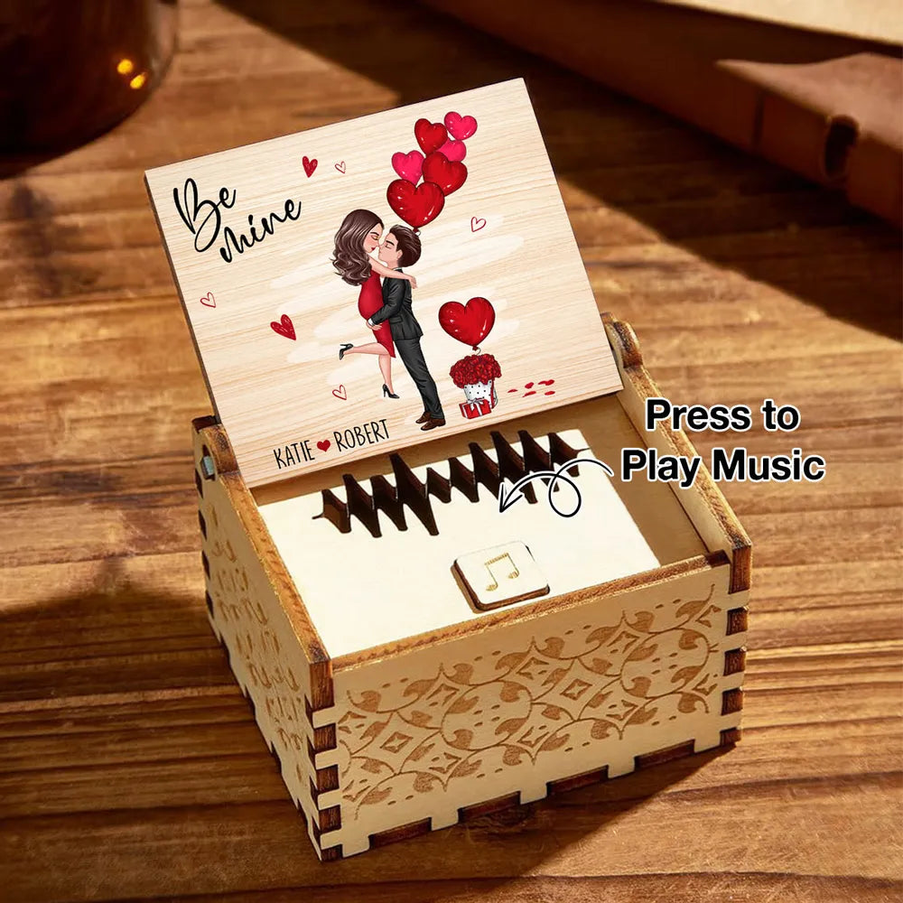 Personalized Wooden Music Box with Kissing Couple & Hearts Romantic Unique Gift for Him or Her