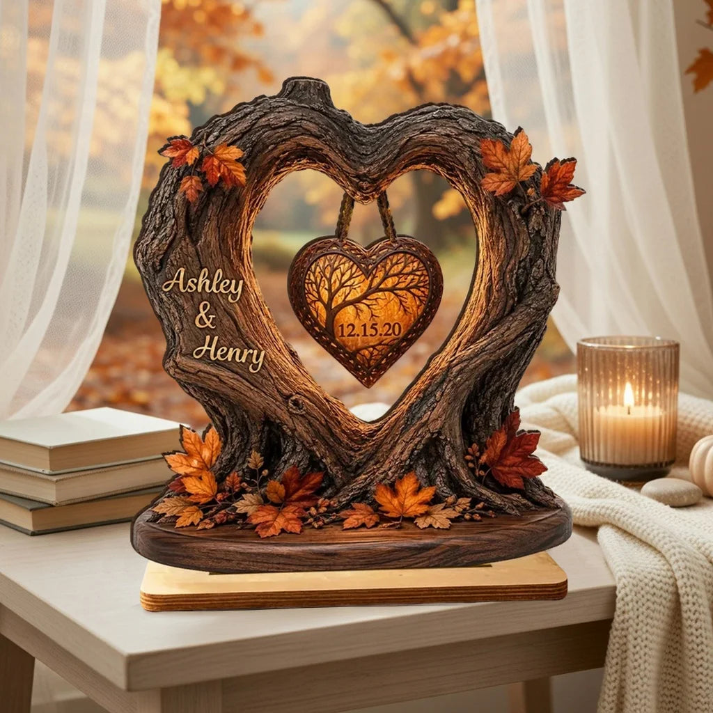 Personalized 2-Layer Wooden Plaque, Fall Heart Tree with Couple Silhouette, Unique Anniversary Gift