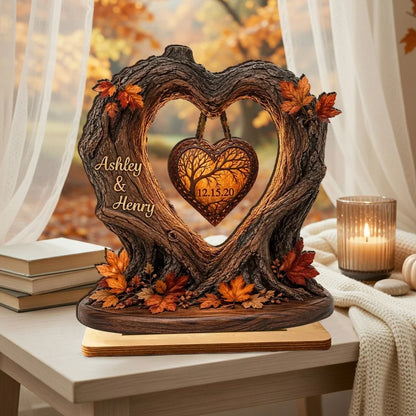 Personalized 2-Layer Wooden Plaque, Fall Heart Tree with Couple Silhouette, Unique Anniversary Gift