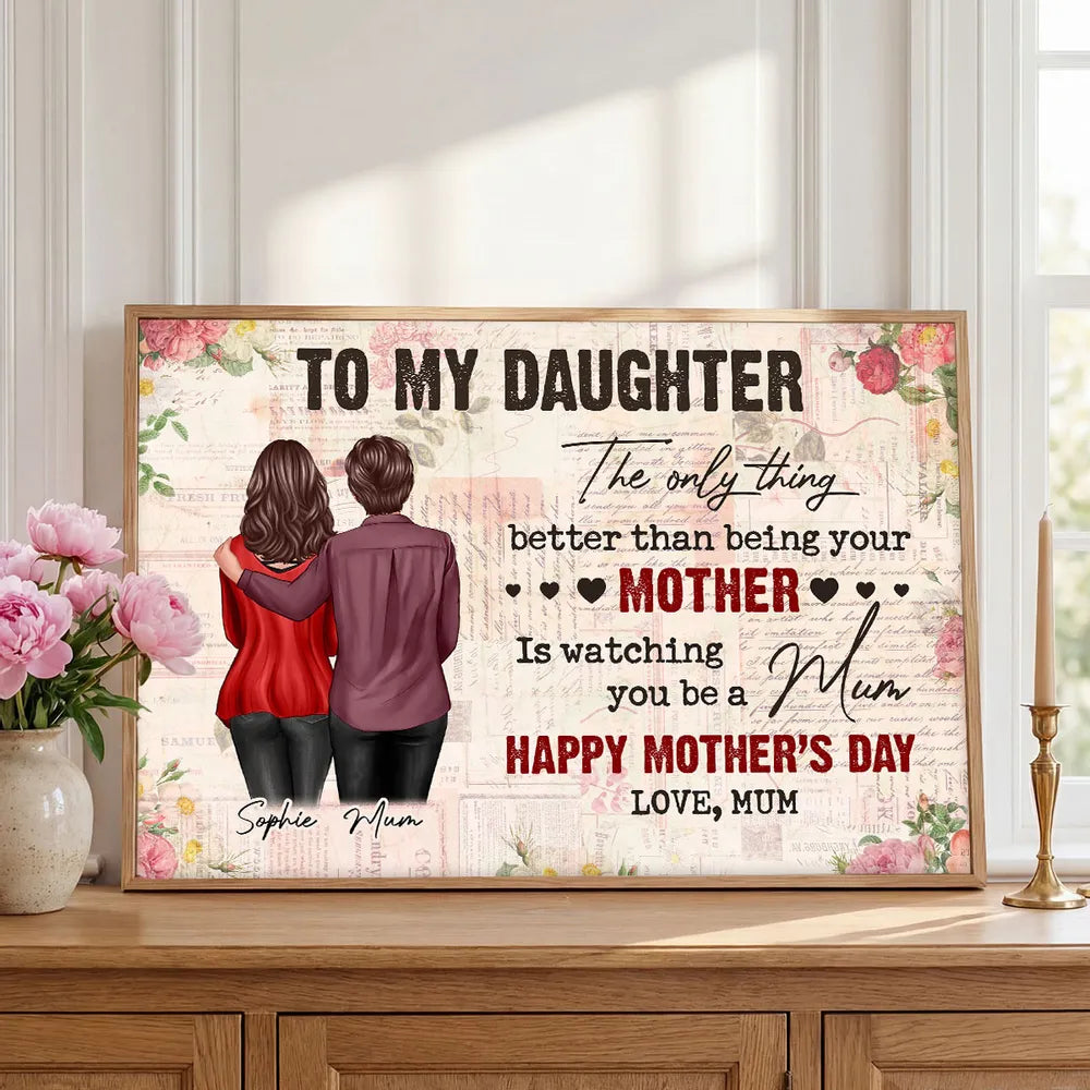 Personalized Mother Daughter Hug Poster, Vintage Floral Lettering Wall Art, Unique Mother's Day Gift for Mom