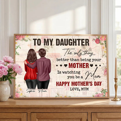 Personalized Mother Daughter Hug Poster, Vintage Floral Lettering Wall Art, Unique Mother's Day Gift for Mom