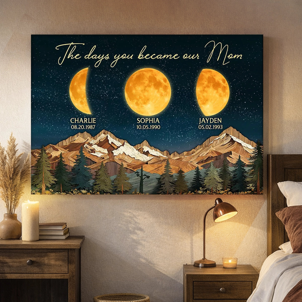 Personalized Moon Phase Mountain Night Sky Poster for Mom - The Day You Became Our Mom Wall Art, Unique Gift