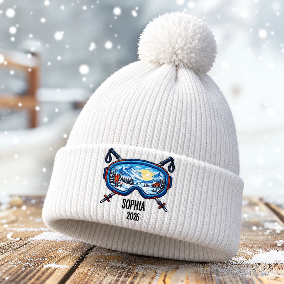 Custom Name and Year Ski Goggles Embroidered Pom Pom Beanie, Alpine Mountain Winter Hat, Gift for Ski Lovers
