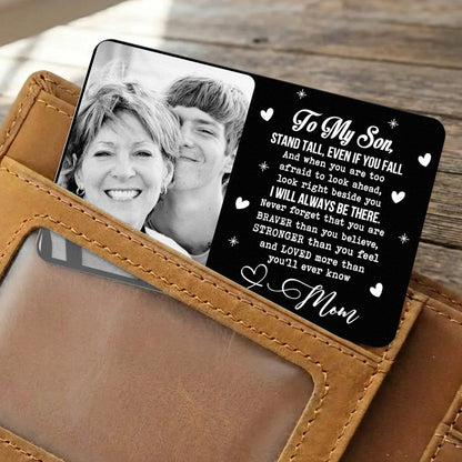 Personalized Metal Wallet Card with Custom Photo and Love Note for Son - Unique Everyday Keepsake Gift