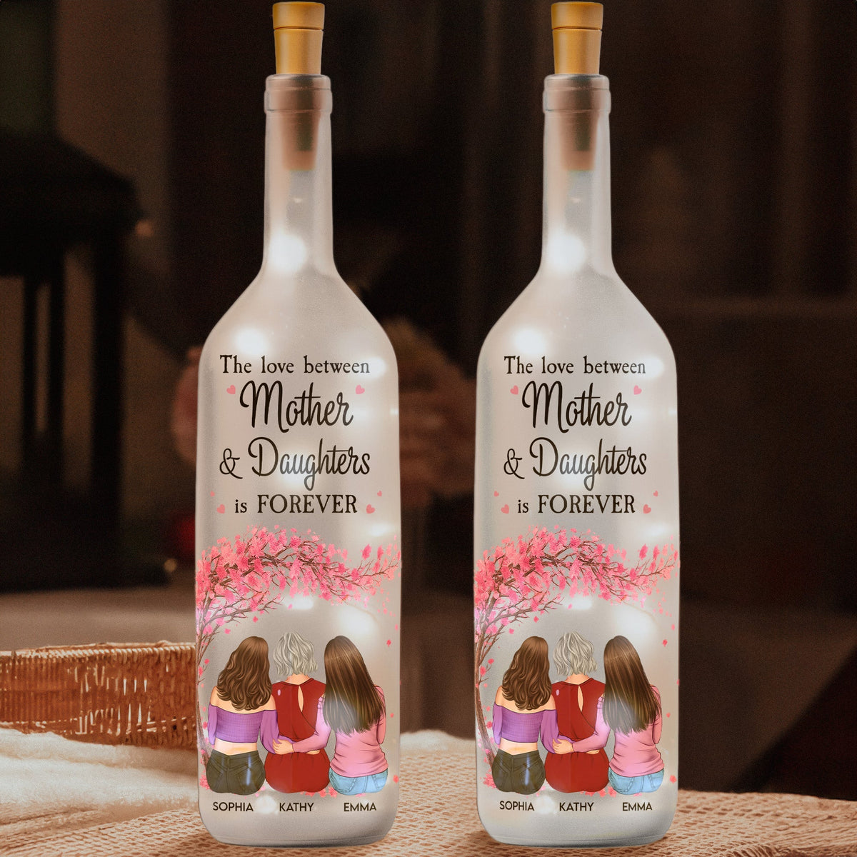 Personalized Bottle Lamp Mother and Daughters Forever Quote, Warm Glow Bedroom Decor, Unique Gift for Mom