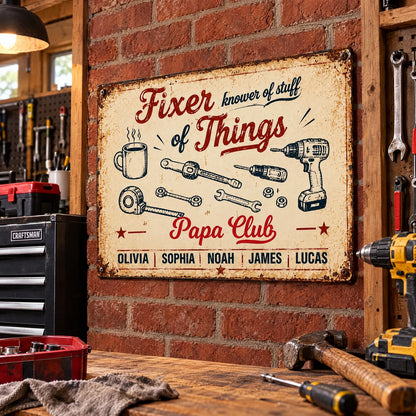 Personalized Grandpa Workshop Sign, Vintage Fixer of Things Decor with Kids’ Names, Gift for Papa