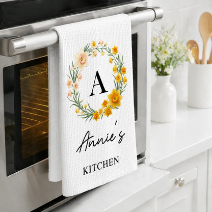 Personalized Birth Flower Kitchen Towel with Custom Name, Floral Wreath Tea Towel Gift for Home Cooks