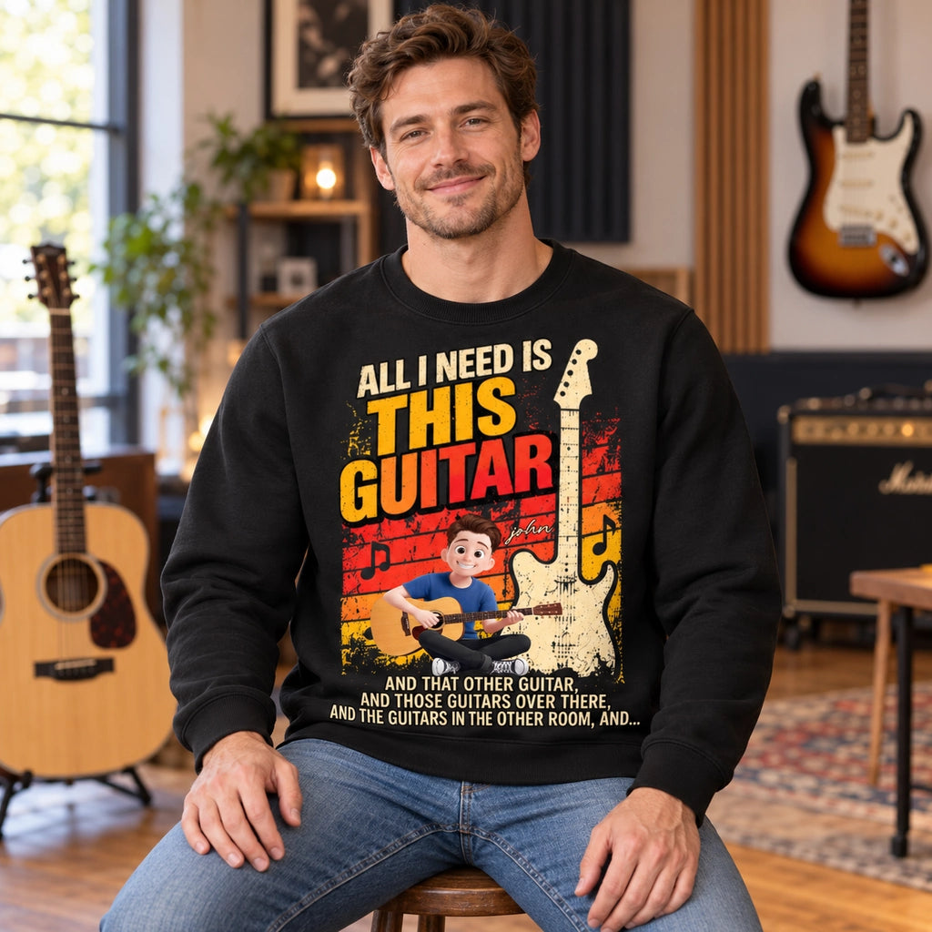 Personalized Vintage Rock Guitar Sweatshirt, Custom Cartoon Guitarist Design, Retro Gift for Guitar Players & Music Lovers