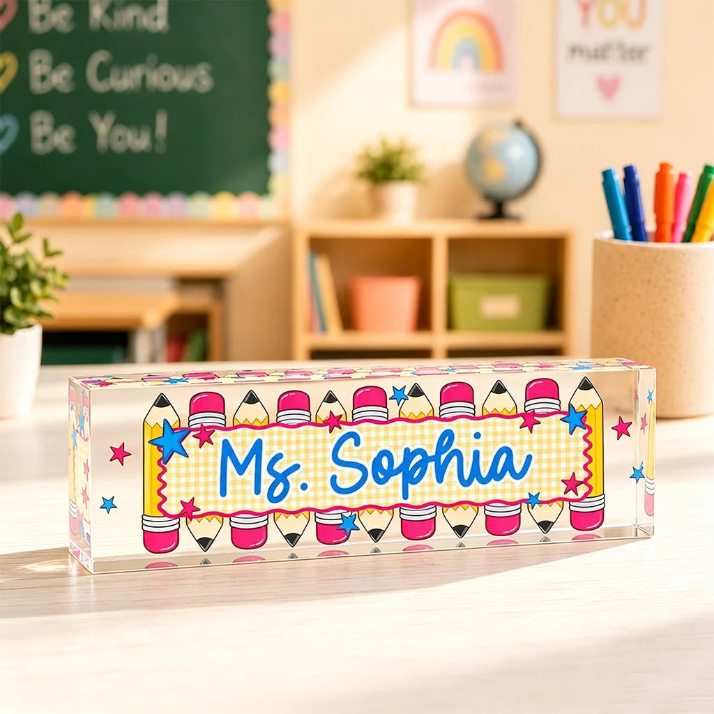 Personalized Rectangle Acrylic Block Plaque with Colorful Pencil Art, Classroom Desk Decor, Creative Teacher Gift