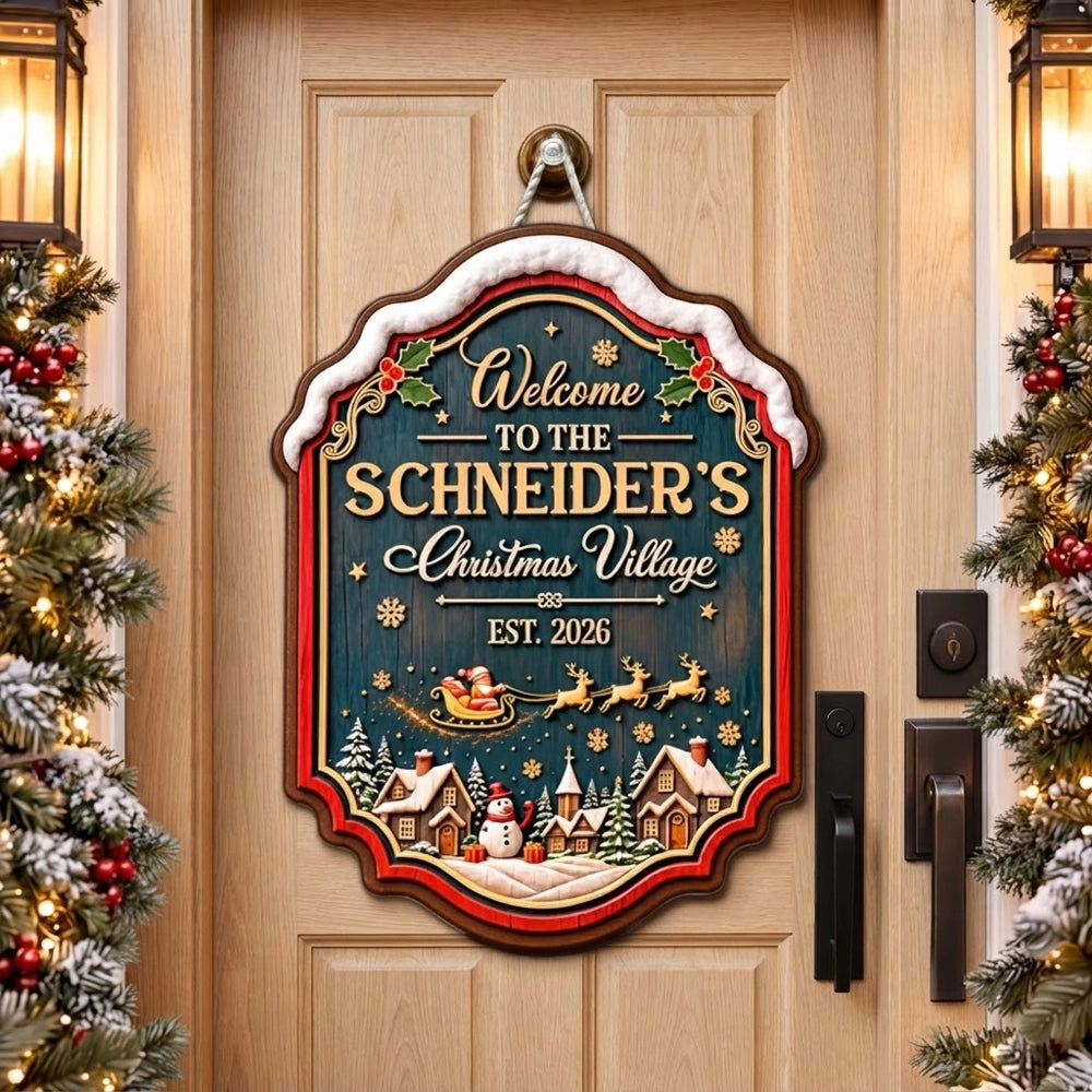 Personalized Wooden Sign with Vintage Christmas Village, Teal Red & Gold Door Decor, Unique Gift for Family