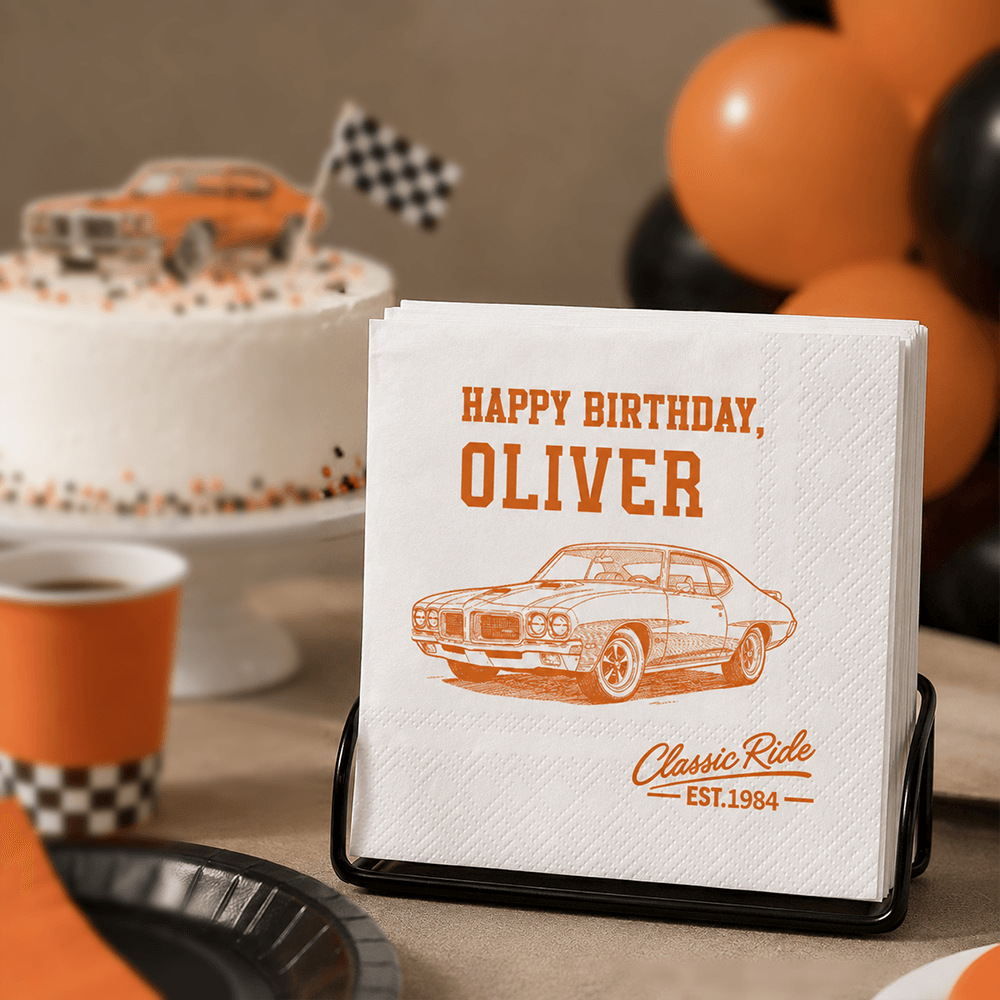 Personalized Retro Car Napkins, Custom Birthday Table Decor, Unique Gift for a Car Enthusiast
