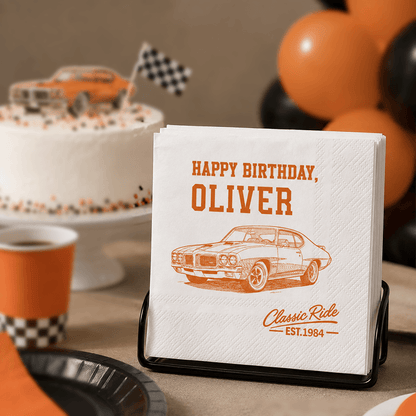 Personalized Retro Car Napkins, Custom Birthday Table Decor, Unique Gift for a Car Enthusiast