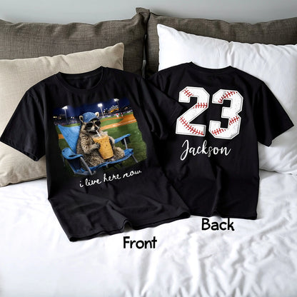 Personalized Dual Print Classic Tee with Raccoon on Ballfield 'I Live Here Now' - Unique Baseball Gift