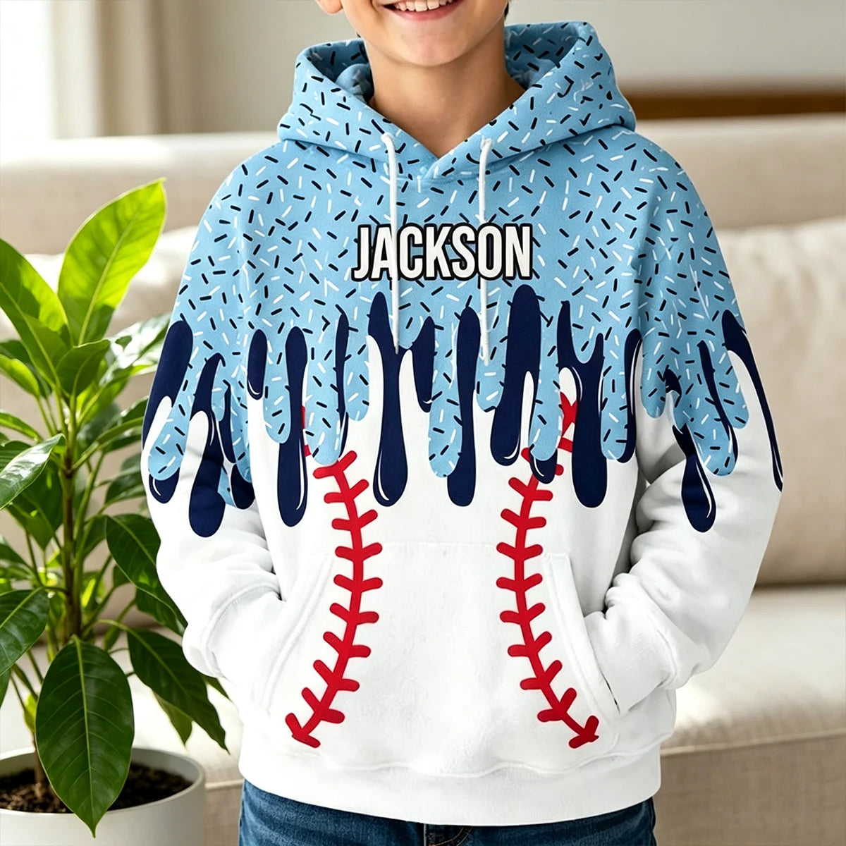 Personalized Youth Printed Flannel Hoodie, Blue Baseball Drip Art, Unique Gift for Young Players