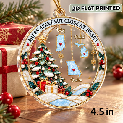 Personalized Acrylic Ornament, Snowy Christmas Tree and Family Map Scene, Creative Gift for Long-Distance Family