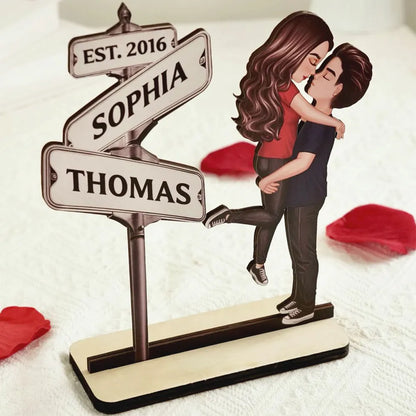 Personalized Street Sign Couple 2-Layer Wooden Plaque for Husband or Wife - Kissing Pose Keepsake, Unique Gift