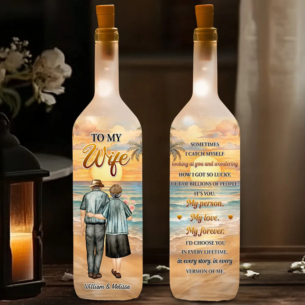How Lucky I Am Personalized Bottle Lamp, Cozy Warm Glow Night Light with Sunset Couple Art, Thoughtful Gift for Wife