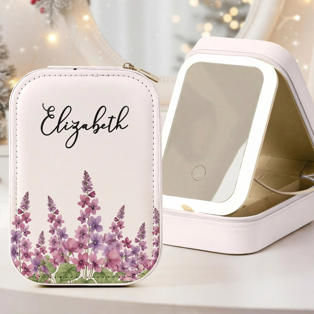 Custom Name & Birth Flower Gift For Her, Daughter, Sister - Custom Makeup Box With LED Mirror