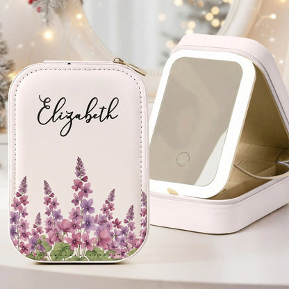 Custom Name & Birth Flower Gift For Her, Daughter, Sister - Custom Makeup Box With LED Mirror