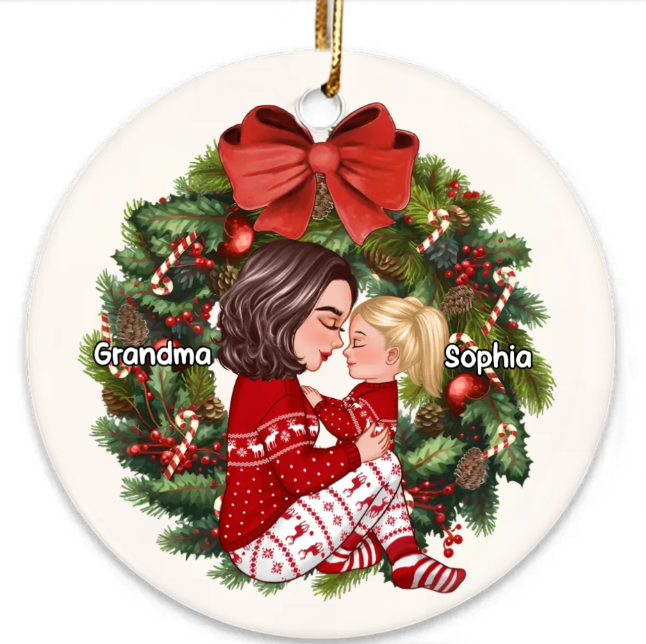 Grandma Mom Hugging Kid Sitting On Christmas Wreath Personalized Piggy Bank or Ornament or Plaque or Keychain or Poster