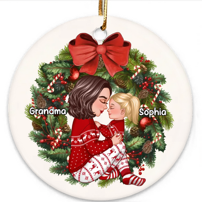 Grandma Mom Hugging Kid Sitting On Christmas Wreath Personalized Piggy Bank or Ornament or Plaque or Keychain or Poster