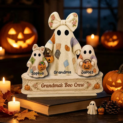 Personalized 2-Layer Wooden Plaque, Grandma Ghost With Trick-or-Treating Grandkids, Unique Halloween Gift