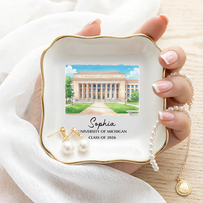 Personalized University Jewelry Dish with Campus Illustration, Unique Graduation Keepsake Gift for Her