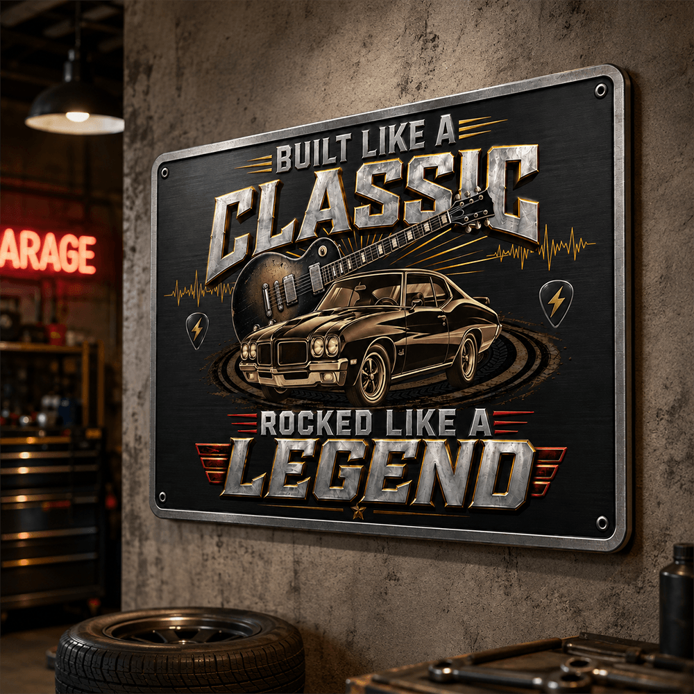 Personalized Classic Car & Rock Music Iron Sign, Built Like a Classic Rocked Like a Legend, Custom Garage Gift