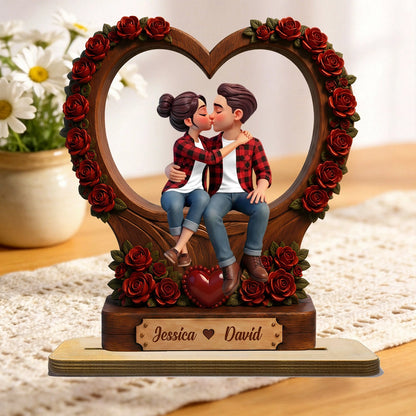 Personalized Wooden Plaque With Kissing Couple & Red Roses, Unique Gift for Couples