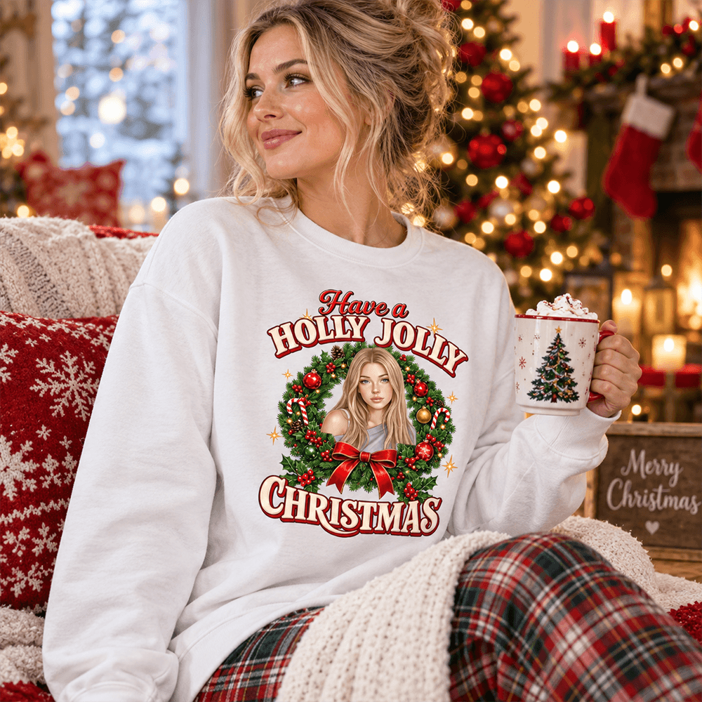 Personalized Retro Christmas Sweatshirt, Holly Jolly Woman in Wreath, Unique Gift for Her