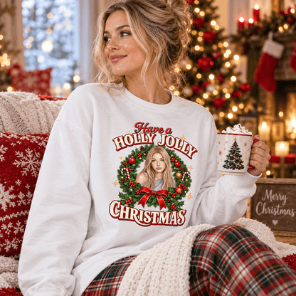 Personalized Retro Christmas Sweatshirt, Holly Jolly Woman in Wreath, Unique Gift for Her