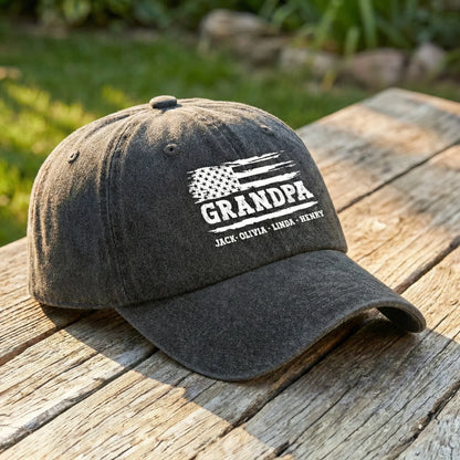 Personalized Washed Denim Baseball Cap with Distressed USA Flag Grandpa Design, Unique Father's Day Gift