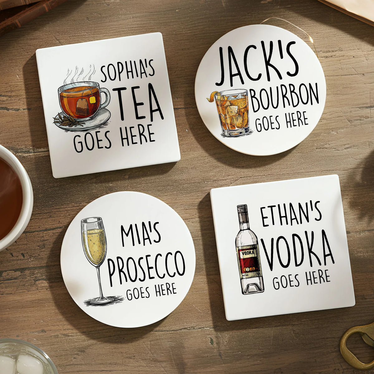Personalized Round Ceramic Coaster with Custom Drink Text and Cocktail Illustration, Funny Bar Cart Decor, Unique Gift for Him or Her