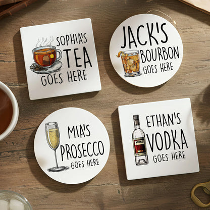 Personalized Round Ceramic Coaster with Custom Drink Text and Cocktail Illustration, Funny Bar Cart Decor, Unique Gift for Him or Her