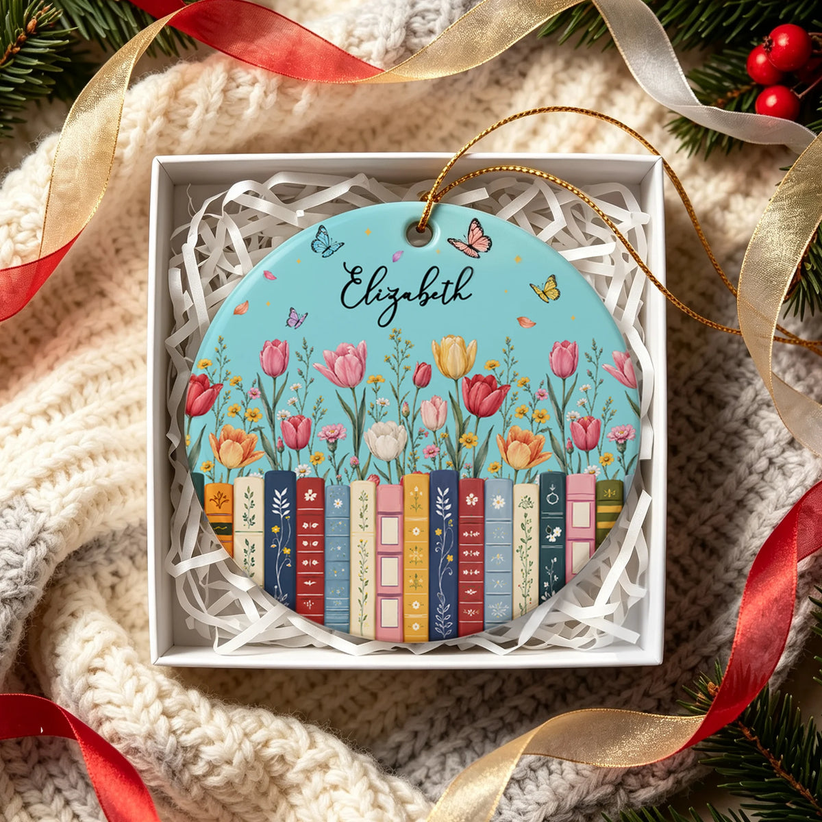 Personalized Ceramic Ornament, Aqua Floral Books and Butterflies, Unique Gift for Book Lovers