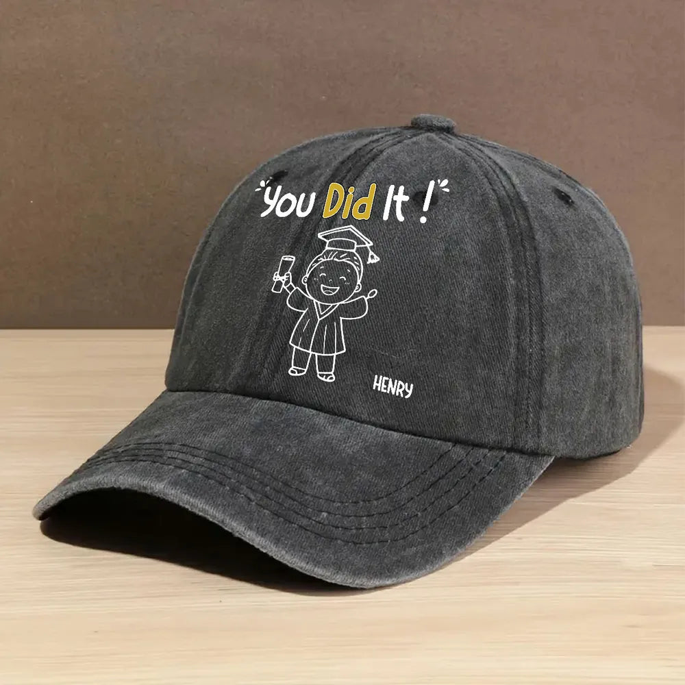 You Did It Vintage Look Washed Denim Baseball Cap, Personalized Name Style - Everyday Wear Congrats Gift