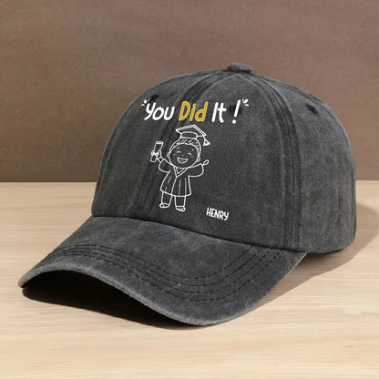 You Did It Vintage Look Washed Denim Baseball Cap, Personalized Name Style - Everyday Wear Congrats Gift